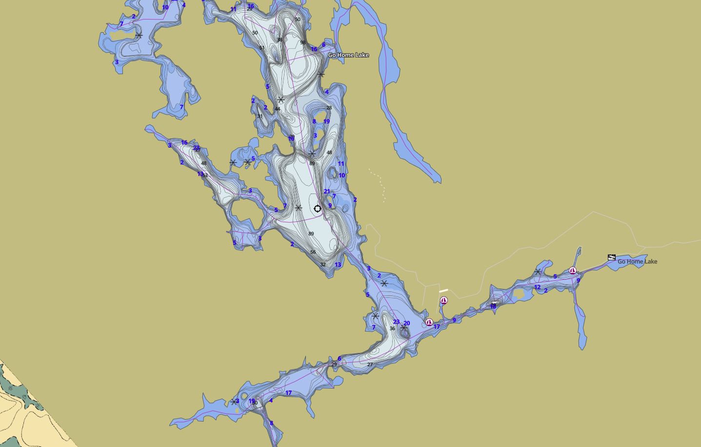 Contour Map of Go Home Lake in Municipality of Georgian Bay and the District of Muskoka